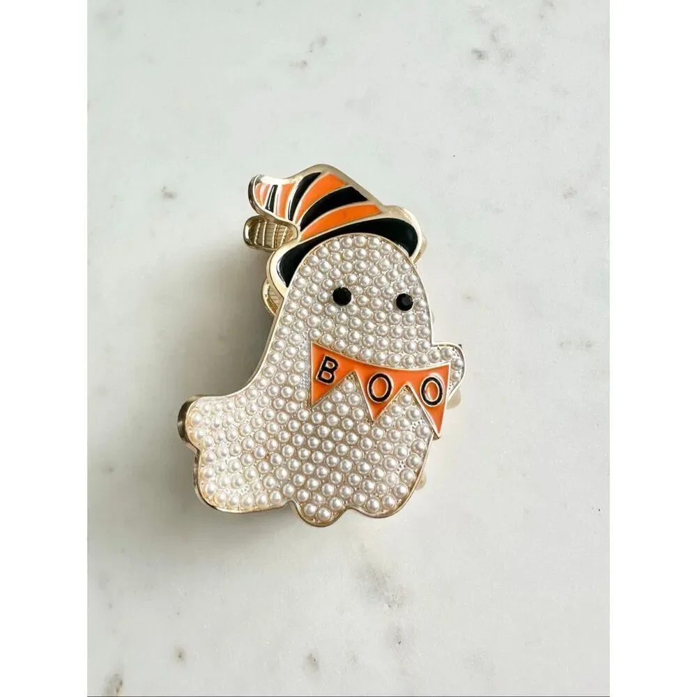 Adorable BOO ghost with witches hat Halloween hair claw with faux pearl